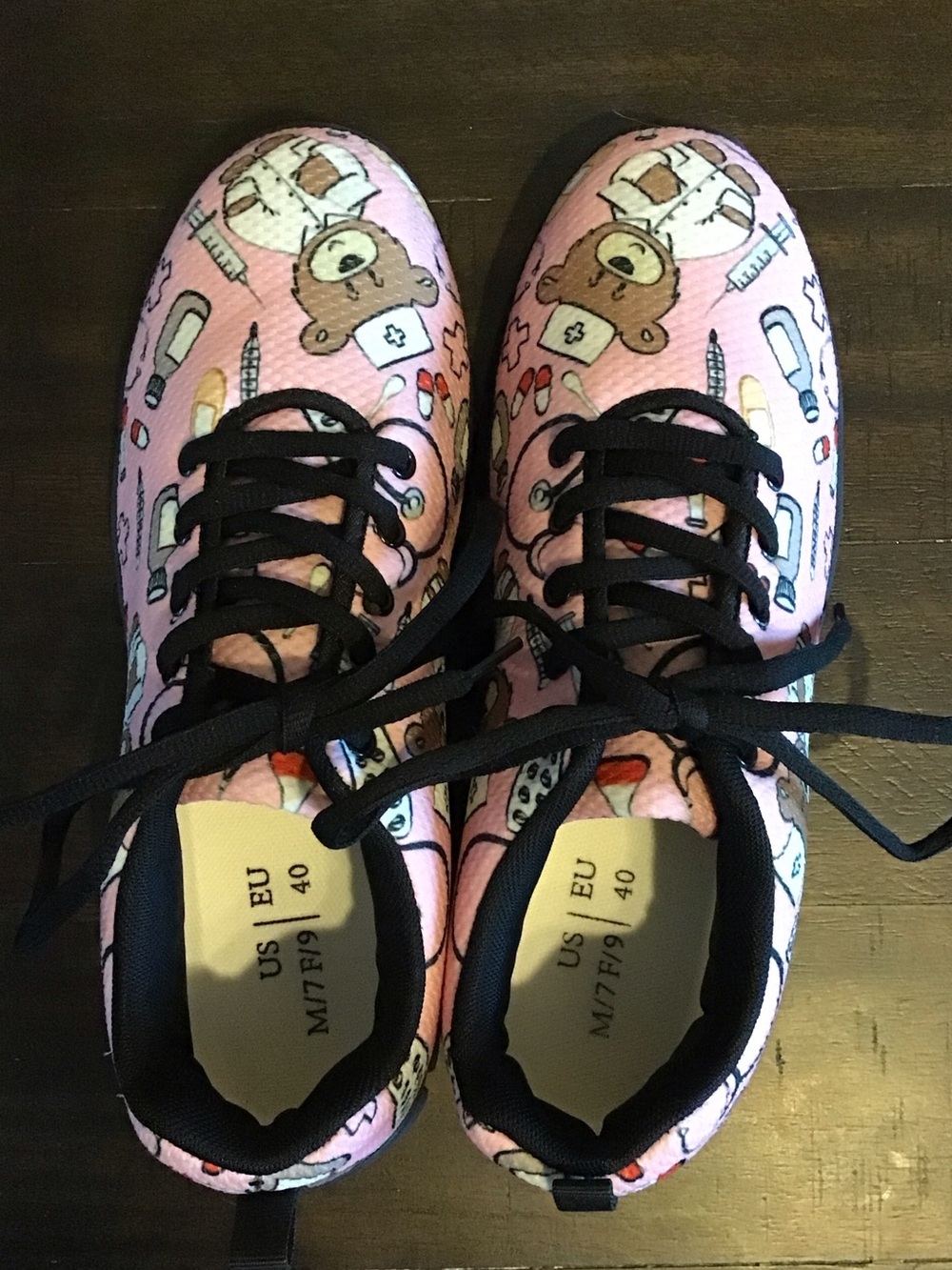 Ladies Pink Teddy Bear Print Lace-Up Sneakers